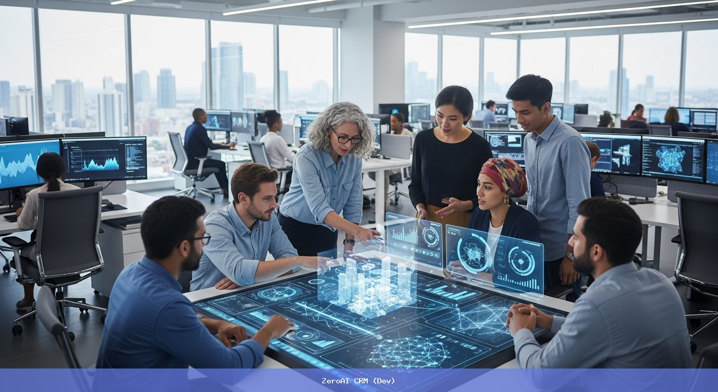 modern office with diverse team working on futuristic dashboard